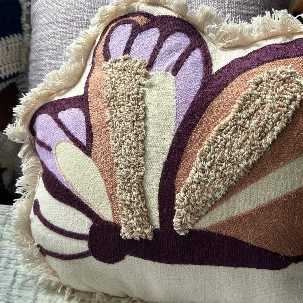 Pink Purple Butterfly Accent Pillow Set of 2 Fringed Textured 3D Decorative NEW